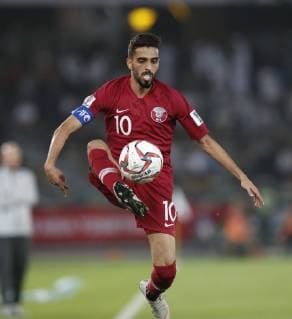 (190118) -- ABU DHABI, Jan. 18, 2019 (Xinhua) -- Qatar s Hasan Al Haydos controls the ball during the 2019 AFC Asian Cup group E match between Saudi Arabia and Qatar at the Zayed Sports City Stadium in Abu Dhabi, the United Arab Emirates, Jan. 17, 2019. Qatar won the match 2-0. (Xinhua Ding Xu) (SP)UAE-ABU DHABI-SOCCER-AFC ASIAN CUP 2019-GROUP E-SAU VS QAT 