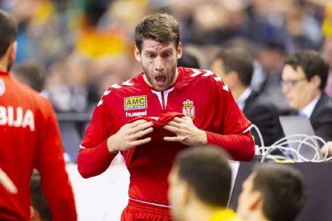 Ivan Mosic No 20 Serbia was hit in the face Germany vs Serbia preliminary round Handball IHF Handball World Championship 17 01 19 Berlin Berlin Germany Mercedes Benz Arena Copyright: xAgentur54Gradx xFelixxKoenigx