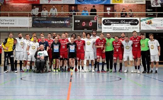 Germany Korntal Handball Rixes SG BBM Bietigheim vs Selestat Alsace Handball Team photo with Jörg Riexinger in wheelchair