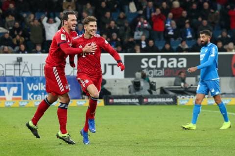 v.li.: Mats Julian Hummels (FCB, 5) und Torschütze Leon Goretzka (FCB, 18), jubeln über das Tor zum 0:2, Jubel, Torjubel, Torerfolg, celebrate the goal, goal, celebration, Jubel ueber das Tor, optimistisch, Spielszene, Highlight, Action, Aktion, Kerem Demirbay (Hoffenheim, 10), enttäuscht schauend, Enttäuschung, Frustration, disappointed, pessimistisch, Fussball, Bundesliga, TSG 1899 Hoffenheim - FC Bayern München, DFL REGULATIONS PROHIBIT ANY USE OF PHOTOGRAPHS AS IMAGE SEQUENCES AND OR QUASI-VIDEO. *** v li Mats Julian Hummels FCB 5 and goal scorer Leon Goretzka FCB 18 cheer on goal to 0 2 cheer goal cheer goal success celebrate the goal goal celebration cheer on goal optimistic game scene highlight action action Kerem Demirbay Hoffenheim 10 disappointed looking disappointment frustration disappointed pessimistic soccer Bundesliga TSG 1899 Hoffenheim FC Bayern Munich DFL REGULATIONS PROHIBIT ANY USE OF PHOTOGRAPHS AS IMAGE SEQUENCES AND OR QUASI VIDEO xozx