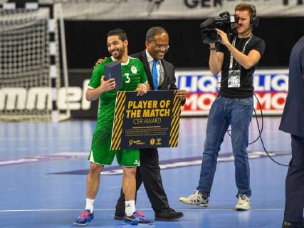 HANDBALL - IHF WC, ANG vs KSA COPENHAGEN,DENMARK,19.JAN.19 - HANDBALL - IHF Men s World Championships, international match Länderspiel Angola vs Saudi Arabia. Image shows Abdullah Alabbas (KSA) as player of the match. GEPAxpictures xOliverxLerch