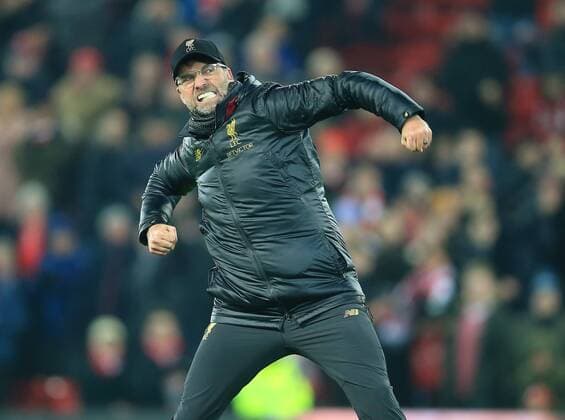 Sport Themen der Woche KW03 Sport Bilder des Tages 19th January 2019, Anfield, Liverpool, England; EPL Premier League football, Liverpool versus Crystal Palace; Liverpool manager Jurgen Klopp punches the air with delight in front of the Kop as the match ends with a 4-3 Liverpool win  ActionPlus12097297 DavidxBlunsden