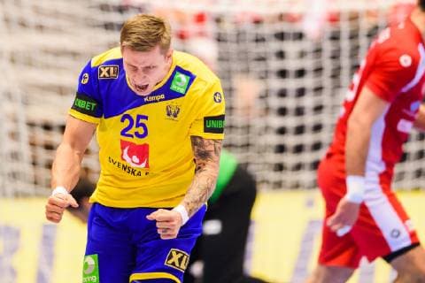190119 Linus Arnesson of Sweden celebrates during the IHF World Handball Championship match between Tunisia and Sweden on January 19 2019 in Herning Photo Petter Arvidson BILDBYR u0081N kod PA 92204,  Copyright: PETTERxARVIDSON BB190119PA040