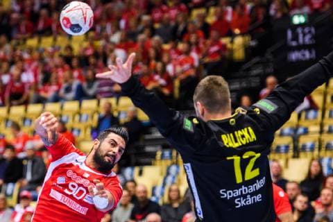 190119 Marouan Chouiref of Tunisia and goalkeeper Andreas Palicka of Sweden during the IHF World Handball Championship match between Tunisia and Sweden on January 19 2019 in Herning Photo Petter Arvidson BILDBYR u0081N kod PA 92204,  Copyright: PETTERxARVIDSON BB190119PA045