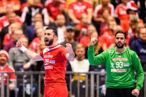 190119 Mohamed Soussi of Tunisia celebrates during the IHF World Handball Championship match between Tunisia and Sweden on January 19 2019 in Herning Photo Petter Arvidson BILDBYRAN kod PA 92204,  Copyright: PETTERxARVIDSON BB190119PA058