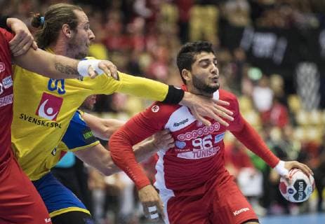 Anouar Ben Abdallah Tunesia 96 of Tunesia right aginst Kim Ekdak du Rietz Sweden 5 left during the men s IHF Handball World Championship Main Round Group 2 match in Herning Denmark on saturday Jan 19 2019 Herning DK,  Copyright: ClausxFisker ClausxFiskerx cop101 spdk20190119-184445-L