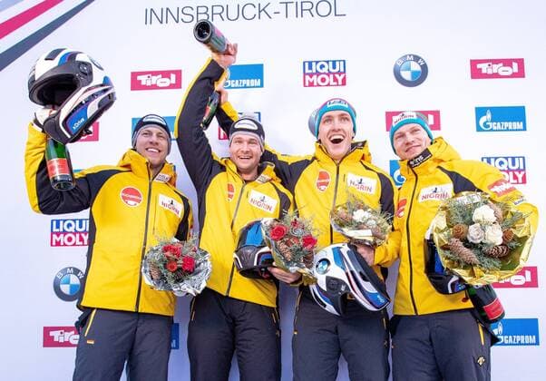 Sport Themen der Woche KW03 Sport Bilder des Tages 19.01.2019, Olympia Eiskanal, Innsbruck, AUT, BMW IBSF Weltcup Bob, Igls, Herren Zweisitzer, Siegerehrung, im Bild v.l. Florian Bauer, Johannes Lochner (GER, 2. Platz), Thorsten Margis, Francesco Friedrich (GER, 1. Platz), f.l. second placed Florian Bauer and Johannes Lochner of Germany winner Thorsten Margis and Francesco Friedrich of Germany during the winner Ceremony of the men s doubles Bobsleigh of the BMW IBSF Bob World Cup at the Olympia Eiskanal in Innsbruck, Austria on 2019 01 19. Innsbruck *** 19 01 2019 Olympia Eiskanal Innsbruck AUT BMW IBSF World Cup Bob Igls Mens two-seater award ceremony in picture v l Florian Bauer Johannes Lochner GER 2 place Thorsten Margis Francesco Friedrich GER 1 place f l second placed Florian Bauer and Johannes Lochner of Germany winner Thorsten Margis and Francesco Friedrich of Germany during the winner Ceremony of the men s doubles Bobsleigh of the BMW IBSF Bob World Cup at the Olympia Eiskanal in Innsbruck Austria on 2019 01 19 Innsbruck  EX_GRO  