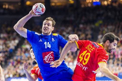 Cologne Germany 17 January 2019 World Cup 2019 Men Main Round France vs Spain Kentin Mahe France Ferran Sole Spain Cologne Lanxess Arena Nordrhein Westfalen Germany