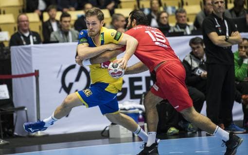 Albin Lagergren Sweden 23 left of Sweden agains Khaled Haj Youssef Tunesia 15 right during the men s IHF Handball World Championship Main Round Group 2 match in Herning Denmark on saturday Jan 19 2019 Herning DK,  Copyright: ClausxFisker ClausxFiskerx cop101 spdk20190119-192206-L