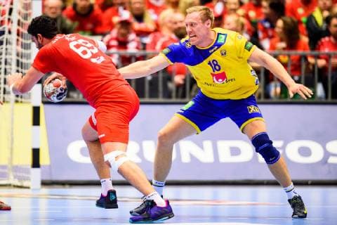 190119 Fredric Pettersson of Sweden and Jihed Jaballah of Tunisia during the IHF World Handball Championship match between Tunisia and Sweden on January 19 2019 in Herning Photo Petter Arvidson BILDBYRAN code PA 92204,  Copyright: PETTERxARVIDSON BB190119PA088