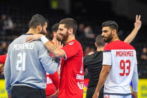 HANDBALL - IHF WC, SRB vs BRN COPENHAGEN,DENMARK,19.JAN.19 - HANDBALL - IHF Men s World Championships, international match Länderspiel Serbia vs Bahrain. Image shows Mohamed Ahusain (BHR), Vanja Ilic (SRB) and Mohamed Habib (BHR). GEPAxpictures xOliverxLerch