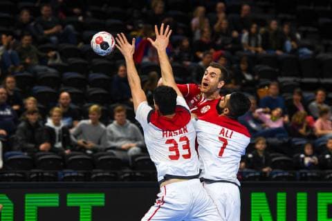 HANDBALL - IHF WC, SRB vs BRN COPENHAGEN,DENMARK,19.JAN.19 - HANDBALL - IHF Men s World Championships, international match Länderspiel Serbia vs Bahrain. Image shows Hasan Madan (BHR), Stefan Vujic (SRB) and Ali Merza (BHR). GEPAxpictures xOliverxLerch