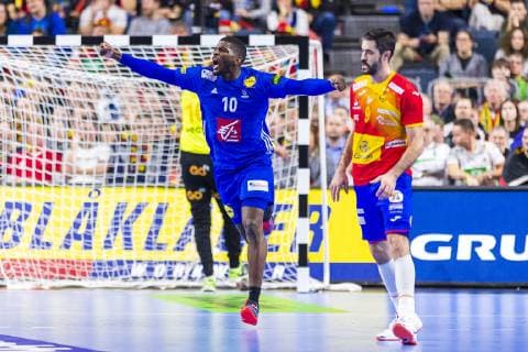 Cologne Germany 19 January 2019 World Cup 2019 Men Main Round France vs Spain Dika Mem France Jubilation Joy Emotions Goalscorers Goalscorers Raul Entrerrios Rodriguez Spain Cologne Lanxess Arena Nordrhein Westfalen Germany