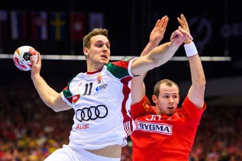 190119 Patrik Ligetvari of Hungary and Simon Hald of Denmark during the IHF World Handball Championship match between Denmark and Hungary on January 19 2019 in Herning Photo Petter Arvidson BILDBYR u0081N kod PA 92205,  Copyright: PETTERxARVIDSON BB190119PA121