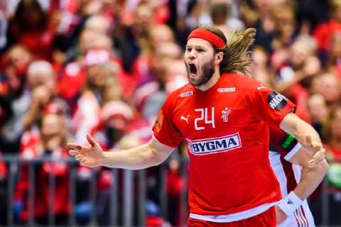 190119 Mikkel Hansen of Denmark celebrates during the IHF World Handball Championship match between Denmark and Hungary on January 19 2019 in Herning Photo Petter Arvidson BILDBYR u0081N kod PA 92205,  Copyright: PETTERxARVIDSON BB190119PA123