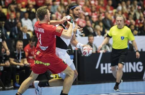 Magnus Landin Jacobsen Denmark 4 left against László Nagy Hungary 19 of Hungary during the men s IHF Handball World Championship Main Round Group 2 Denamrk vs Hungary match in Herning Denmark on saturday Jan 19 2019 Herning DK,  Copyright: ClausxFisker ClausxFiskerx cop104 spdk20190119-205321-L