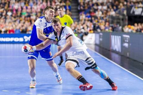 Cologne Germany 19 January 2019 World Cup 2019 Men Main Round Germany vs Iceland v left in duel Elvar Orn Jonsson Island and Martin Strobel Germany HBW Balingen Cologne Lanxess Arena Nordrhein Westfalen Germany