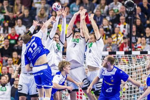 Cologne Germany 19 January 2019 World Cup 2019 Men Main Round Germany vs Iceland Olafur Gudmundsson Iceland with the litter in the block Jannik Kohlbacher Germany Rhein Neckar Loewen Hendrik Pekeler Germany THW Kiel Patrick Wiencek Germany THW Kiel Paul Drux Germany Fuechse Berlin Cologne Lanxess Arena Nordrhein Westfalen Germany