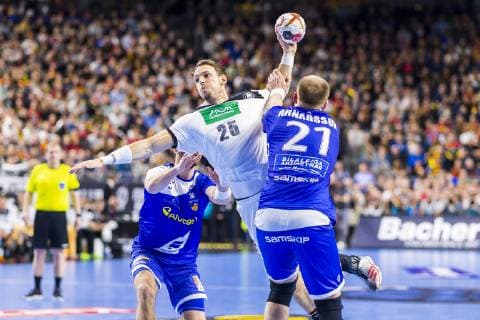 Cologne Germany 19 January 2019 World Cup 2019 Men Main Round Germany vs Iceland v left in duel Kai Häfner Haefner Germany TSV Hannover and Arnar Arnarsson Island Cologne Lanxess Arena Nordrhein Westfalen Germany