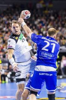 Cologne Germany 19 January 2019 World Cup 2019 Men Main Round Germany vs Iceland v left in duel Kai Häfner Haefner Germany TSV Hannover and Arnar Arnarsson Island Cologne Lanxess Arena Nordrhein Westfalen Germany