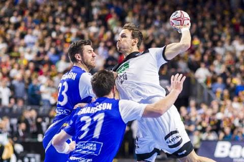 Cologne Germany 19 January 2019 World Cup 2019 Men Main Round Germany vs Iceland vs Olafur Gustafsson Island Teitur Orn Einarrson Island Kai Häfner Haefner Germany TSV Hannover Cologne Lanxess Arena Nordrhein Westfalen Germany