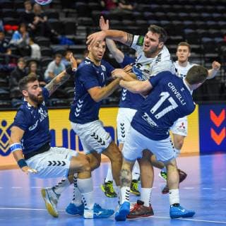 HANDBALL - IHF WC, AUT vs ARG COPENHAGEN,DENMARK,19.JAN.19 - HANDBALL - IHF Men s World Championships, international match Länderspiel Austria vs Argentina. Image shows Lucas Dario Moscarello, Nicaols Bonanno (ARG), Tobias Wagner (AUT) and Lucas Dario Moscarello (ARG). GEPAxpictures xOliverxLerch