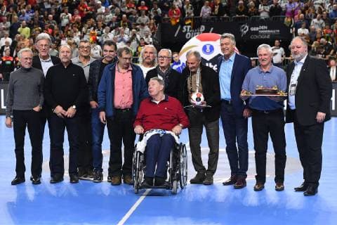 Handball World Championship Main Round Germany Iceland on 19 01 2019 in the Lanxess Arena in Cologne The 1978 World Champion Team Front Joachim Jo Deckarm in a wheelchair xRx