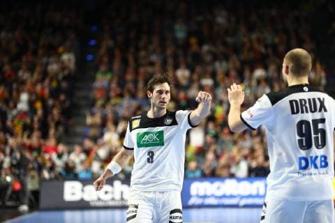 Uwe Gensheimer Germany celebrates with Paul Drux Germany IHF Men Handball World Championship 19 01 2019 Photographer Neis Eibner Germany vs Iceland IHF Men Handball World Championship 19 01 2019 Cologne Copyright: xEIBNER AlexanderxNeisx EP_ANS