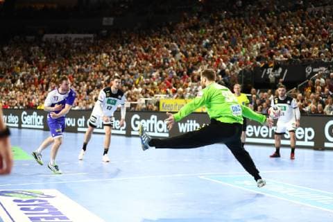 Andreas Wolf Germany holds the seven meter of Arnor Thor Gunnarsson Island IHF Men Handball World Championship 19 01 2019 Photographer Neis Eibner Germany vs Iceland IHF Men Handball World Championship 19 01 2019 Cologne Copyright: xEIBNER AlexanderxNeisx EP_ANS