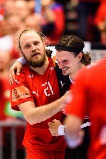 190119 Henrik Mollgaard and goalkeeper Jannick Green of Denmark celebrates after the IHF World Handball Championship match between Denmark and Hungary on January 19 2019 in Herning Photo Petter Arvidson BILDBYRAN kod PA 92205,  Copyright: PETTERxARVIDSON BB190119PA154