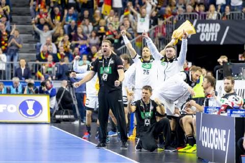 Oliver Roggisch Kai Haefner No 25 Germany Jannik Kohlbacher No 48 Germany Coach Christian Prokop and Patrick Wiencek No 7 Germany cheer Germany vs Iceland Main Round Handball IHF Handball World Championship 19 01 19 Cologne North Rhine-Westphalia Germany Lanxess Arena Copyright: xAgentur54Gradx xFelixxKoenigx