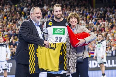 Cologne Germany 19 January 2019 World Cup 2019 Men Main Round Germany vs Iceland DHB President Andreas Michelmann Steffen Fäth Faeth Germany Rhein Neckar Loewen Cologne Lanxess Arena Nordrhein Westfalen Germany