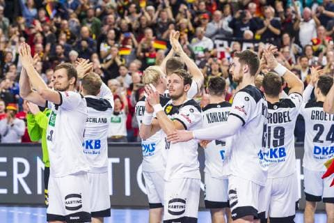 Cologne Germany 19 January 2019 World Cup 2019 Men Main Round Germany vs Iceland vs Fabian Böhm Boehm Germany TSV Hannover Kai Häfner Haefner Germany TSV Hannover Hendrik Pekeler Germany THW Kiel Final Cheers Final Cheers Emotion Joy Cologne Lanxess Arena Nordrhein Westfalen Germany