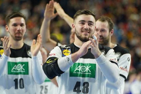 GER IHF WM 2019 Germany GER vs Iceland ISL 19 01 2019 Lanxess Arena Cologne GER IHF WM 2019 Germany GER vs Iceland ISL picture shows Jannik Kohlbacher GER 48 is happy about the victory nordphotox xMeuter nph00351