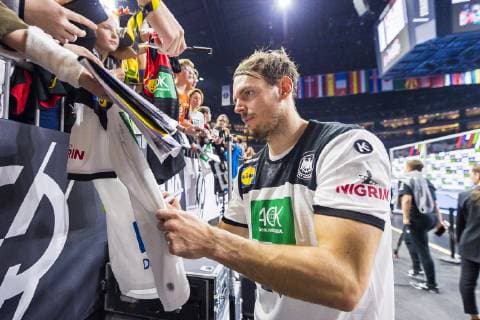 Cologne Germany 19 January 2019 World Cup 2019 Men Main Round Germany vs Iceland Kai Häfner Haefner Germany TSV Hannover signs autographs after match Cologne Lanxess Arena Nordrhein Westfalen Germany