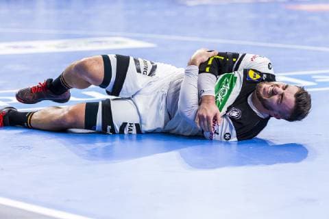 Cologne Germany 19 January 2019 World Cup 2019 men main round Germany vs Iceland Jannik Kohlbacher Germany Rhine Neckar Loewen injured injury pain Cologne Lanxess Arena Nordrhein Westfalen Germany