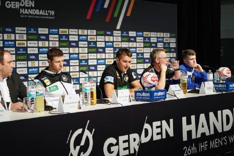 GER IHF WM 2019 Germany GER vs Iceland ISL 19 01 2019 Lanxess Arena Cologne GER IHF WM 2019 Germany GER vs Iceland ISL in picture picture shows press conference PK after the game Christian Prokop headcoach coach GER center re GuÃ°mundur GuÃ°mundsson coach headcoach Iceland and li Martin Strobel GER 19 nordphotox xMeuter nph00351