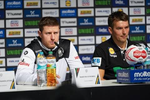 GER IHF WM 2019 Germany GER vs Iceland ISL 19 01 2019 Lanxess Arena Cologne GER IHF WM 2019 Germany GER vs Iceland ISL picture shows Martin Strobel GER 19 Press conference PK after the game re Christian Prokop Headcoach Trainer GER nordphotox xMeuter nph00351