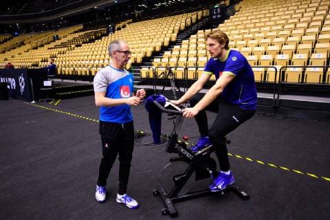 190120 Physiotherapist Heine Rosdahl and Jesper Nielsen of Sweden during a training session during the IHF World Handball Championship on January 20 2019 in Herning Photo Petter Arvidson BILDBYRAN code PA 92206,  Copyright: PETTERxARVIDSON BB190120PA014
