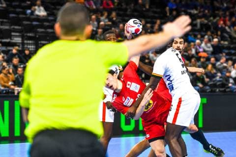 HANDBALL - IHF WC, JPN vs ANG COPENHAGEN,DENMARK,20.JAN.19 - HANDBALL - IHF Men s World Championships, international match Länderspiel Japan vs Angola. Image shows Jin Watanabe (JPN), Rome Hebo (ANG) and Hiroyasu Tamakawa (JPN). GEPAxpictures xOliverxLerch