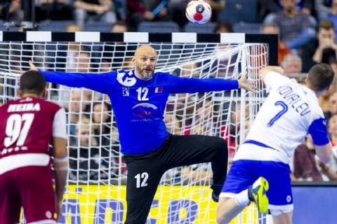 Dmitrii Kovalev No 7 Russia in a seven-meter attempt against Danijel Saric No 12 Qatar Russia vs. Qatar Presidents Cup Final Handball IHF Handball World Championship 20 01 19 Cologne North Rhine-Westphalia Germany Lanxess Arena Copyright: xAgentur54Gradx xFelixxKoenigx