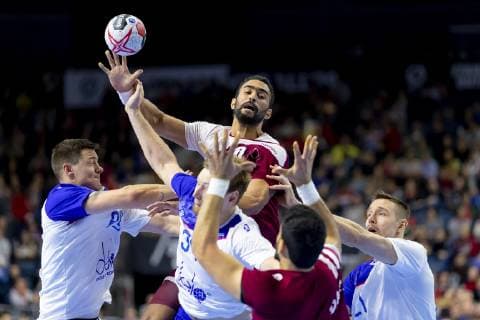 Frankis Marzo No 10 Qatar vs Dmitrii Zhitnikov No 89 Russia Vitaly Komogorov No 34 Russia and Gleb Kalarash No 21 Russia Russia vs Qatar Presidents Cup Final Handball IHF Handball World Championship 20 01 19 Cologne North Rhine-Westphalia Germany Lanxess Arena Copyright: xAgentur54Gradx xFelixxKoenigx