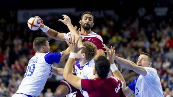 Frankis Marzo No 10 Qatar vs Dmitrii Zhitnikov No 89 Russia Vitaly Komogorov No 34 Russia and Gleb Kalarash No 21 Russia Russia vs Qatar Presidents Cup Final Handball IHF Handball World Championship 20 01 19 Cologne North Rhine-Westphalia Germany Lanxess Arena Copyright: xAgentur54Gradx xFelixxKoenigx