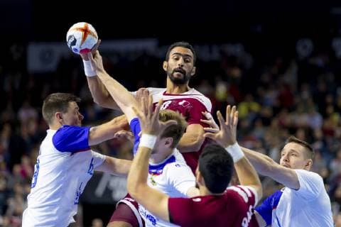 Frankis Marzo No 10 Qatar vs Dmitrii Zhitnikov No 89 Russia Vitaly Komogorov No 34 Russia and Gleb Kalarash No 21 Russia Russia vs Qatar Presidents Cup Final Handball IHF Handball World Championship 20 01 19 Cologne North Rhine-Westphalia Germany Lanxess Arena Copyright: xAgentur54Gradx xFelixxKoenigx