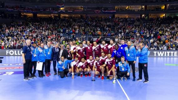 The Qatari players are happy about the victory in the Presidents Cup Russia vs. Qatar Presidents Cup Final Handball IHF Handball World Championship 20 01 19 Cologne North Rhine-Westphalia Germany Lanxess Arena Copyright: xAgentur54Gradx xFelixxKoenigx