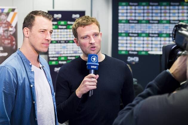 Cologne Germany 20 January 2019 World Cup 2019 Men Mediaday Germany v left ARD expert Dominik Klein ARD presenter Lennert Brinkhoff Cologne AOK Nordrhein Westfalen Germany
