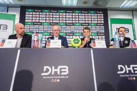 Cologne Germany 20 January 2019 World Cup 2019 Men Mediaday Germany v left Axel Kromer Tim Oliver Kalle Trainer Christian Prokop Germany Kai Häfner Haefner Germany TSV Hannover Cologne AOK Nordrhein Westfalen Germany