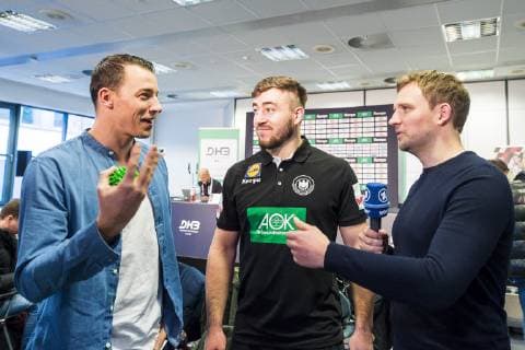 Cologne Germany 20 January 2019 World Cup 2019 Men Mediaday Germany v left Dominik Klein ARD expert Jannik Kohlbacher Germany Rhein Neckar Loewen ARD presenter Lennert Brinkhoff Cologne AOK Nordrhein Westfalen Germany