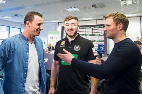 Cologne Germany 20 January 2019 World Cup 2019 Men Mediaday Germany v left Dominik Klein ARD expert Jannik Kohlbacher Germany Rhein Neckar Loewen ARD presenter Lennert Brinkhoff Cologne AOK Nordrhein Westfalen Germany