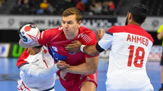HANDBALL - IHF WC, AUT vs BRN COPENHAGEN,DENMARK,20.JAN.19 - HANDBALL - IHF Men s World Championships, international match Länderspiel Austria vs Bahrain. Image shows Ali Merza (BHR), Sebastian Spendier (AUT) and Ahmed Jalal (BHR). GEPAxpictures xOliverxLerch